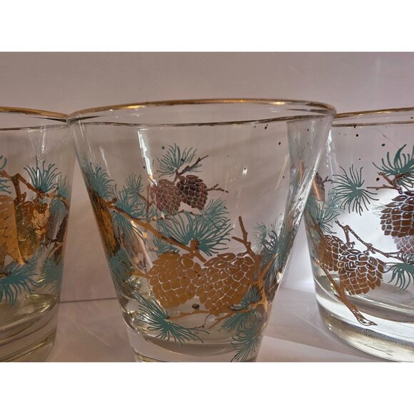 Libbey Set Of 5 Vintage Gold Aqua Pine Cone Glasses MCM - Picture 3 of 7